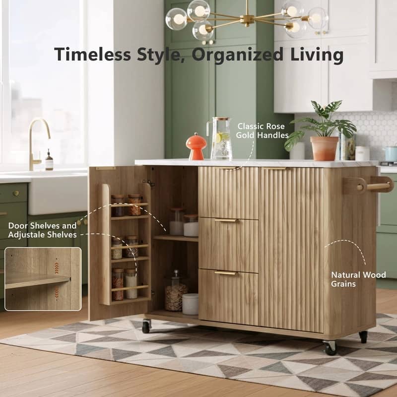 55.5" Fluted Kitchen Island with Drop Leaf and Storage Features Power Outlet and Adjustable Shelves