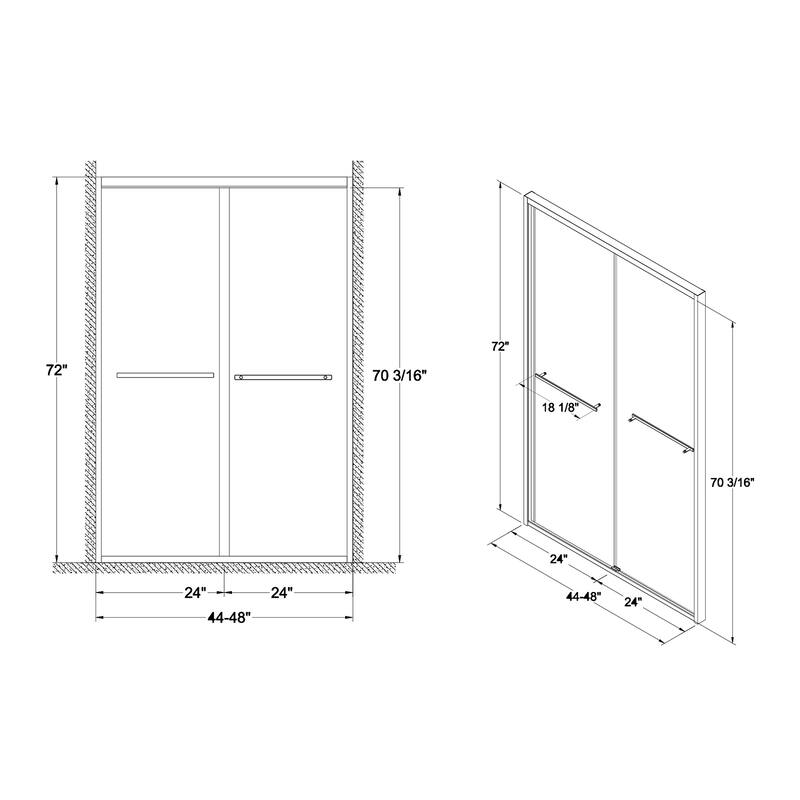 Topcraft 44“-48 ”W x 72 "H Aluminum Framed Sliding Shower Door - 48*72