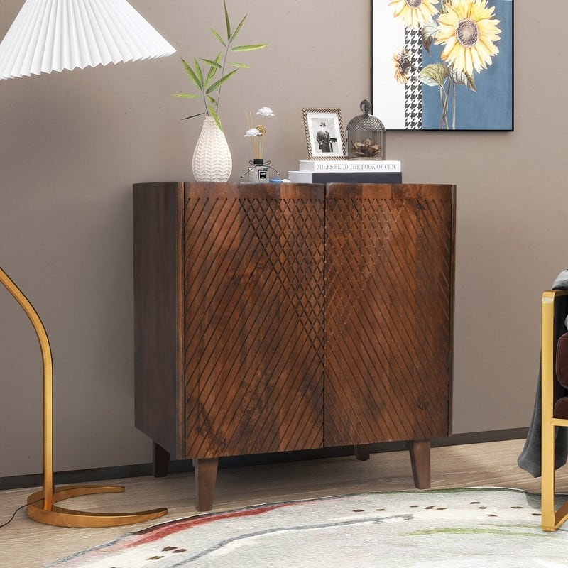 Rustic Solid Mango Wood Accent Buffet Cabinet with Fluted Door and Adjustable Shelf