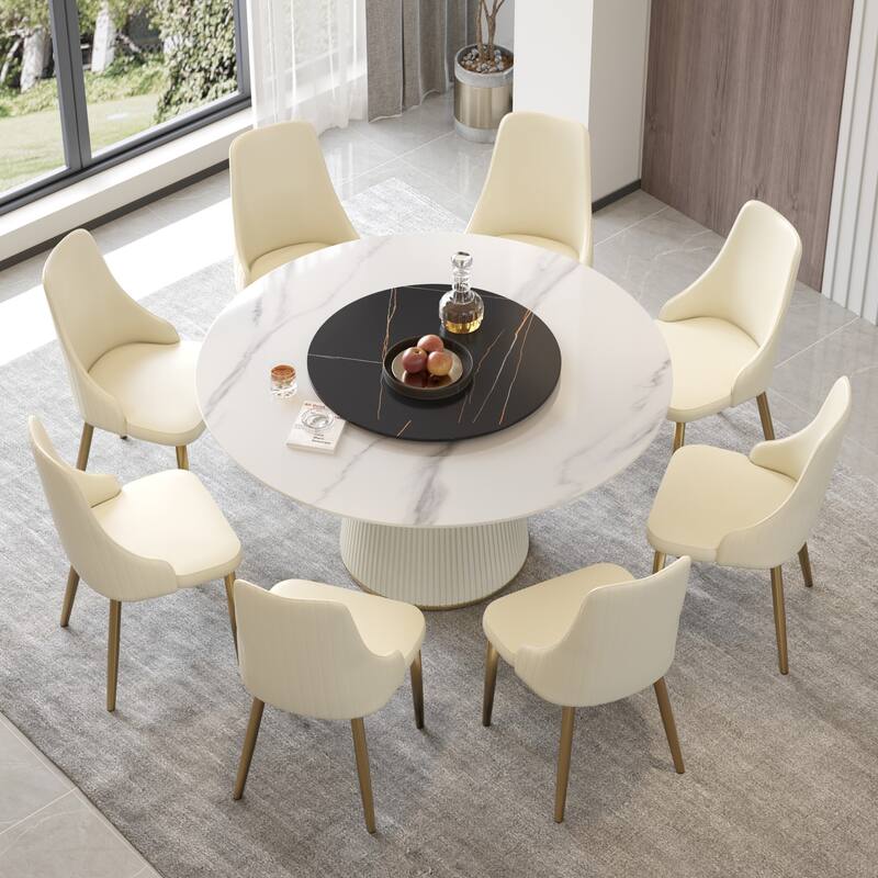 59'' Round Dining Table for 8, White Sintered Stone Tabletop with Lazy Susan - N/A - White&Black Lazy Susan