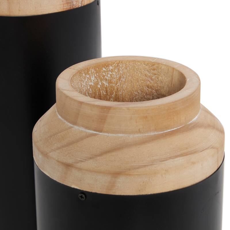 Black Wood Colorblock Decorative Vase with Light Brown Wood Tops (Set of 2)