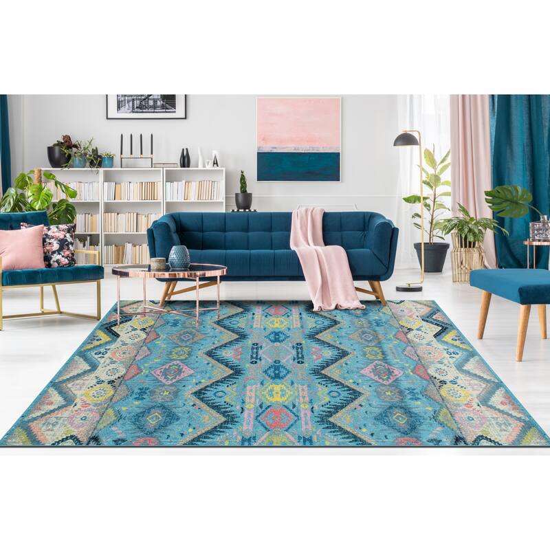 Noori Rug Sapphire Gearldine Distressed Boho Pattern Area Rug - 4'3" x 6'0" - Blue/Pink