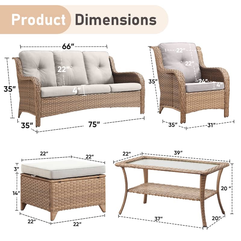 Pocassy 6 Pieces Outdoor 3-Seat Sofa Chairs Table Ottoman