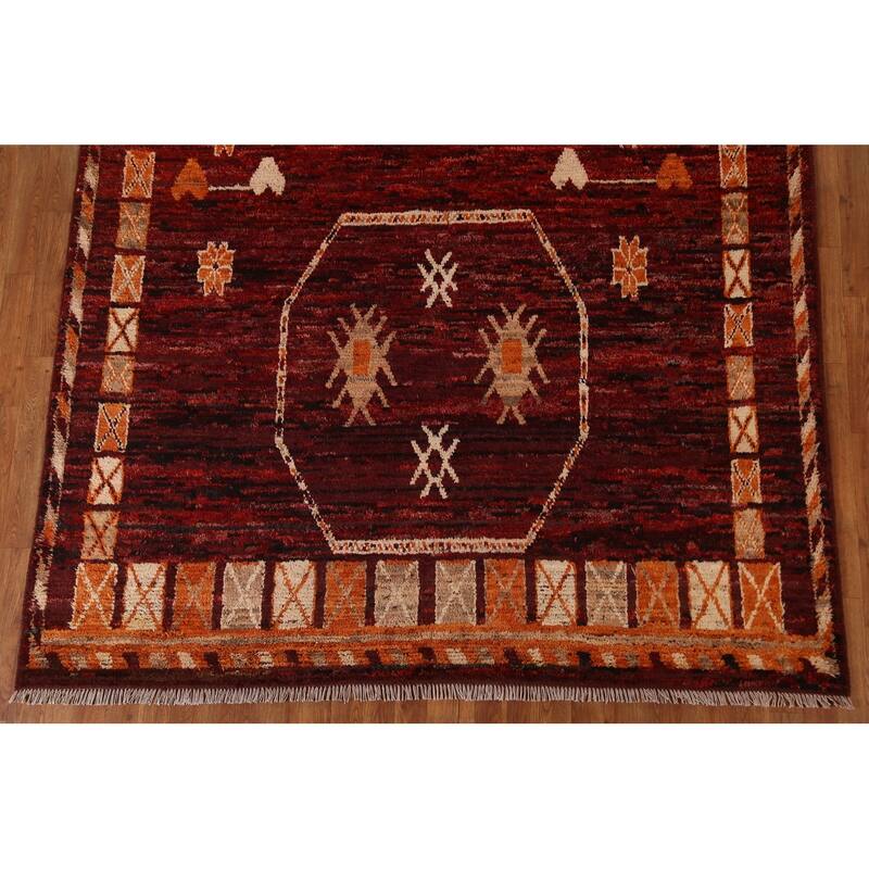 Hand Knotted Oriental 100% Wool Carpet Modern Tribal Red Moroccan Area Rug - 9' 10'' X 7' 0''