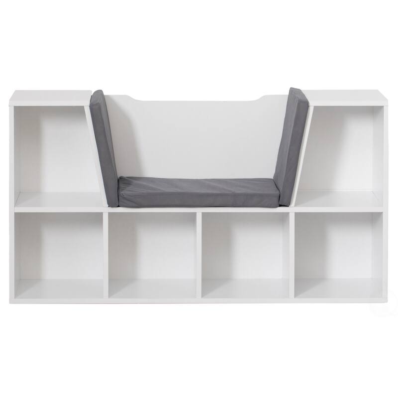 Modern Bookshelf with Storage Space and Gray Cushioned Reading Nook