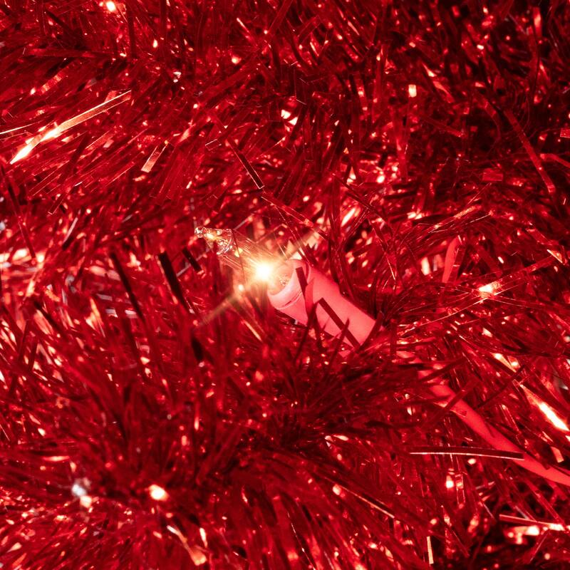 Pre-Lit Artificial Tinsel Christmas Tree - 3' - Red - Clear Lights - 3 Foot