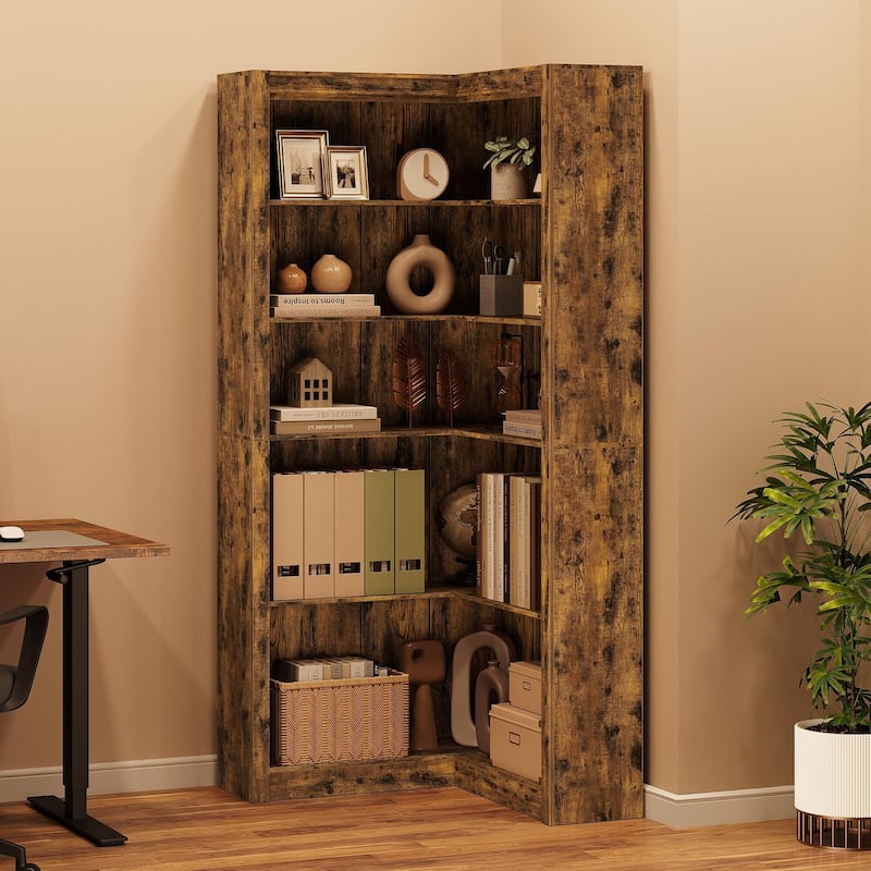 71.8" Tall Corner Bookshelf, 5-Tier L-Shaped Corner Bookcase, Modern Industrial Wood Display Storage Shelves for Living Room - Brown