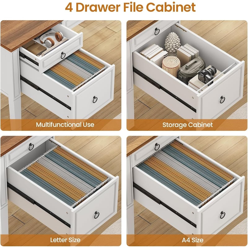 Farmhouse Executive L Shaped Desk Home Office Desk with Drawers and Storage Cabinet & Power Outlet