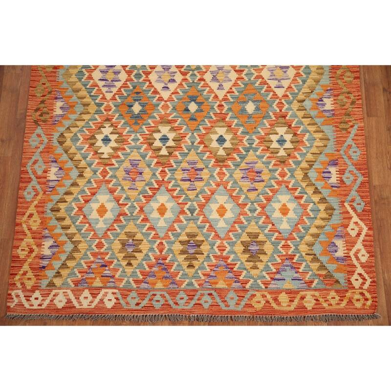 Hand Woven Oriental 100% Wool Carpet Southwestern All-Over Oranges & Rust Kilim Area Rug - 6' 9'' X 5' 3''