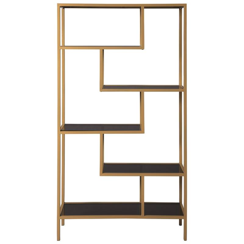 Metal Frame Bookcase with 5 Tiered Display Glass Shelves, Gold and Black - 70 H x 12 W x 36 L