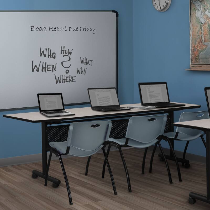 84" x 24" Flip Top Mobile Training Table with Modesty Panel- Maple and 3 "M" Stack Chairs- Grey