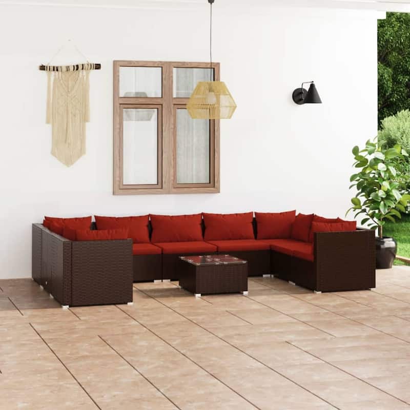vidaXL 7 Piece Patio Lounge Set with Cushions Poly Rattan Brown - 27.6" x 27.6" x 24" - 27.6" x 27.6" x 24" - Brown/Cinnamon red 13 x Back pillow