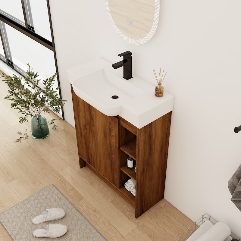 28 Inch Freestanding Bathroom Vanity Cabinet with Ceramic Sink,1 Soft Close Door and 3 Shelves