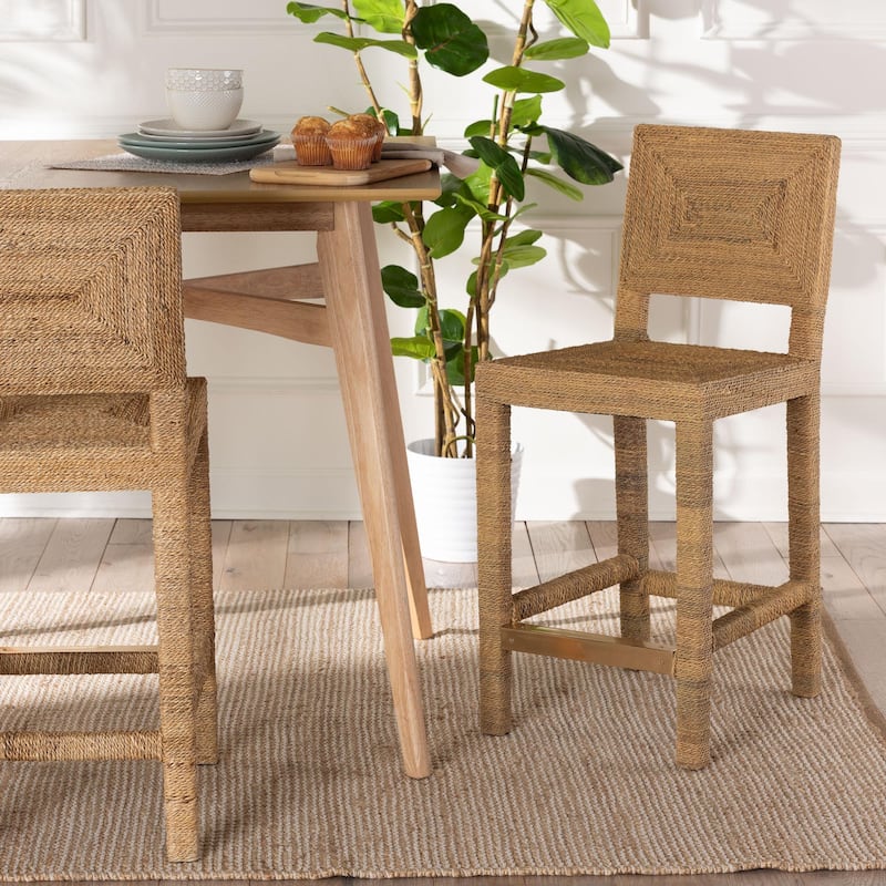 Anfield Modern Bohemian Natural Seagrass and Mahogany Wood Counter Stool