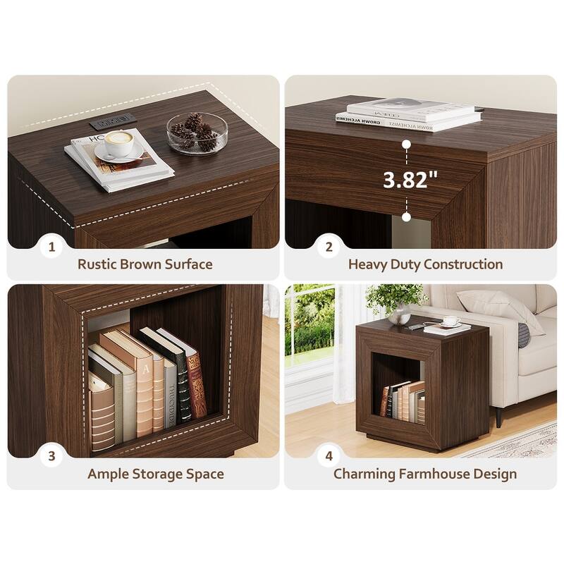 Rustic Wood End Table, 2 Tiered Square Side Table with Storage Shelf, Industrial Sofa Side Table for Living Room