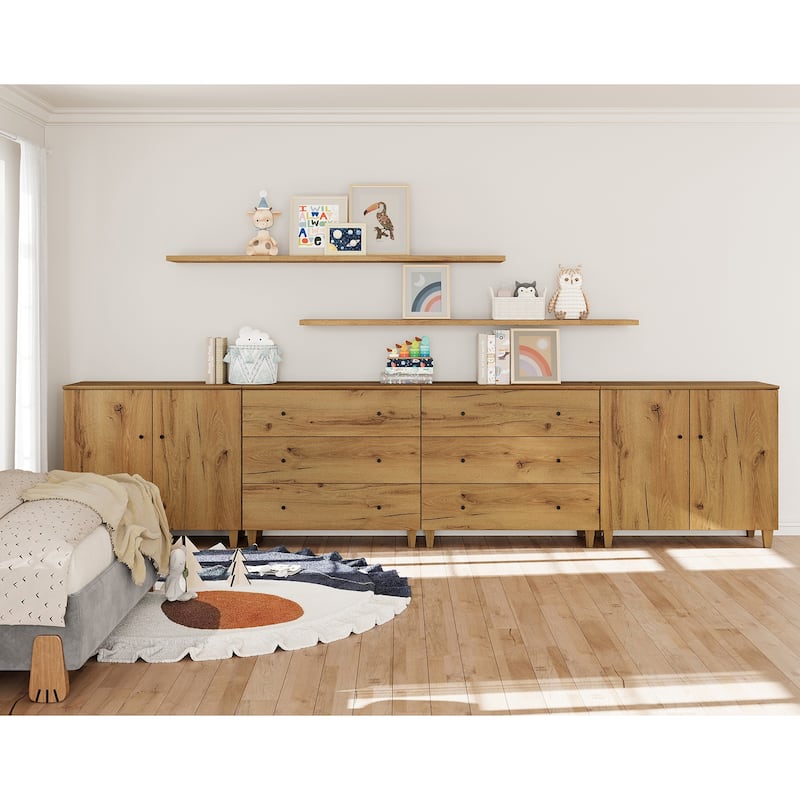 Wood Dresser with 6 Drawers and 2 Cabinets for Bedroom, 142" Wide