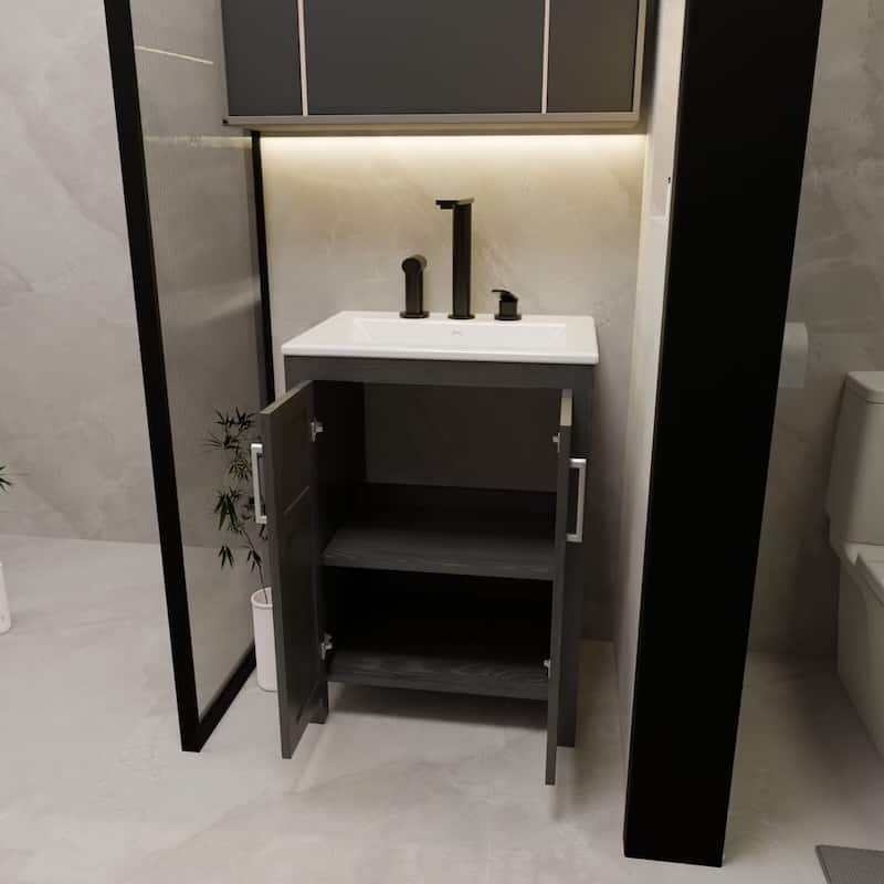 24" Bathroom Vanity with Sink and White Ceramic Sink Faucet & Pop Up Drain Set