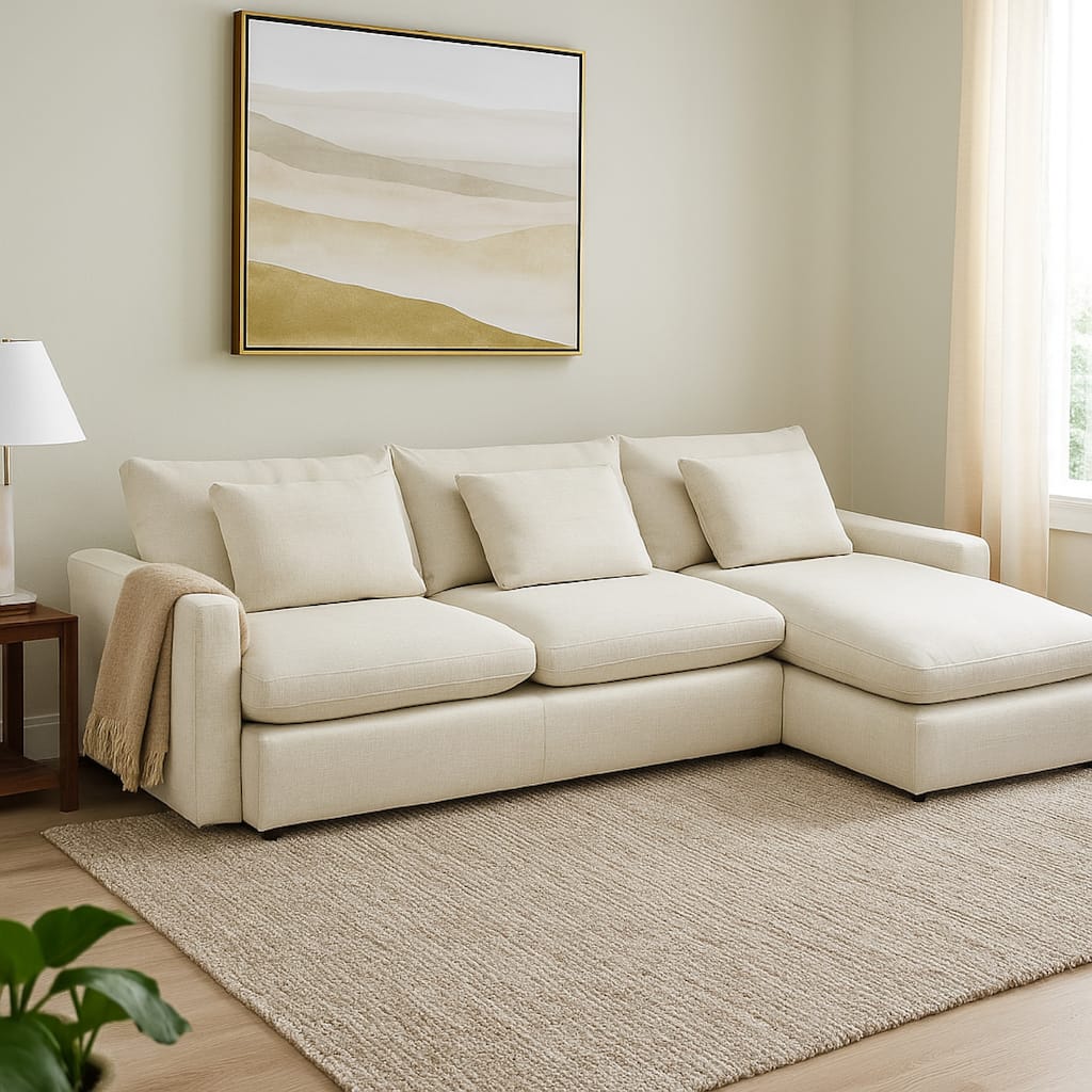 Arcy 2pc Sectional Sofa w Reversible Chaise, 3 Pillows, Cream White