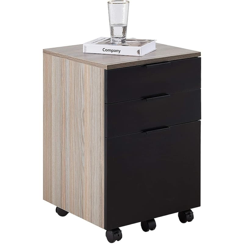 JJS 3 Drawer Rolling Wood File Cabinet with Locking Wheels for A4 or Letter Size - Black Drawer