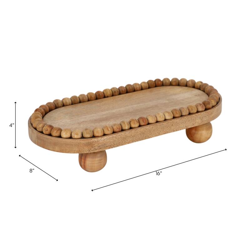 Decorative Mango Wood Beaded Oval Tray with Ball Feet - 16", Brown