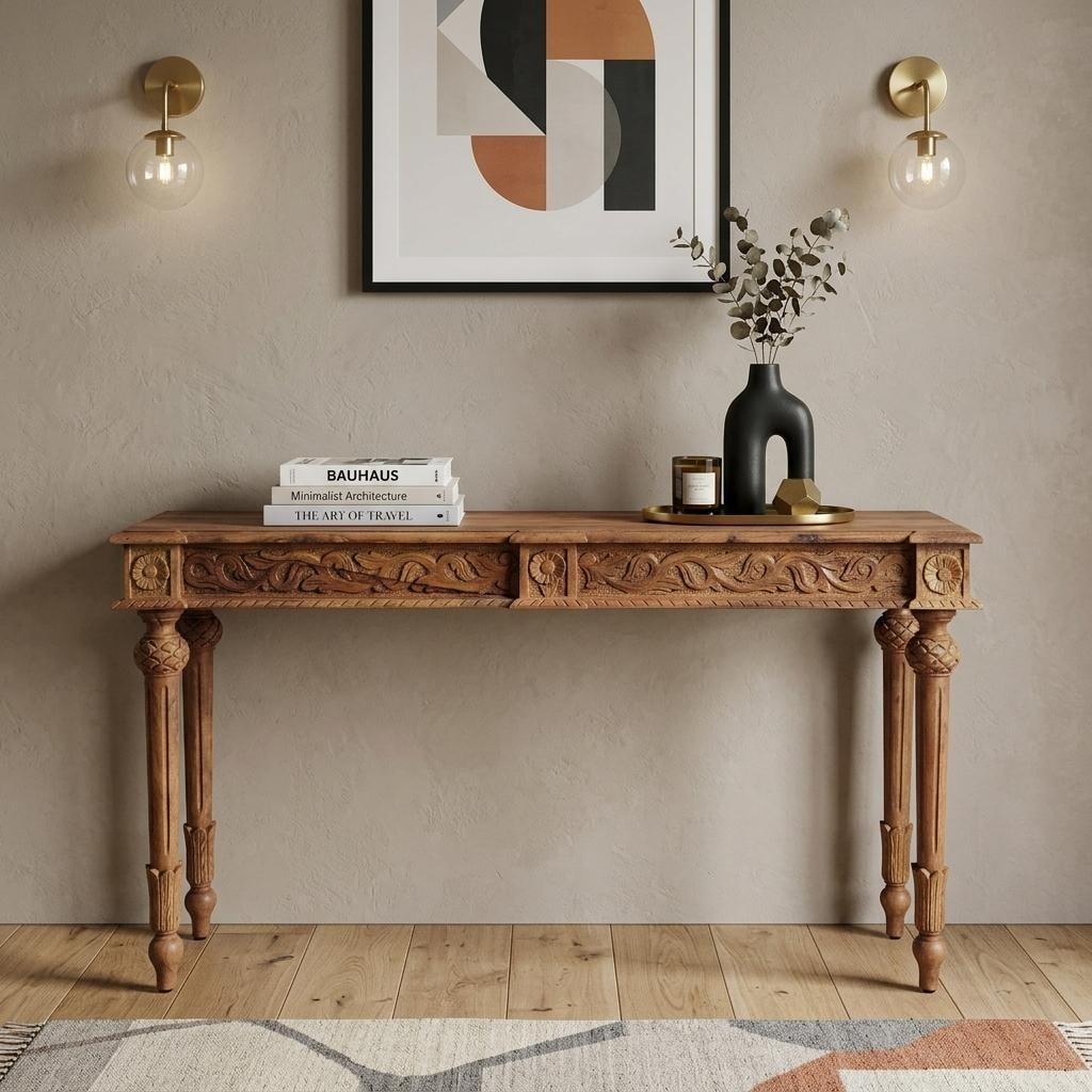 HomeRoots 54" Brown Solid Wood Distressed Console Table - 54.00 in. x 30.00 in. x 12.00 in.
