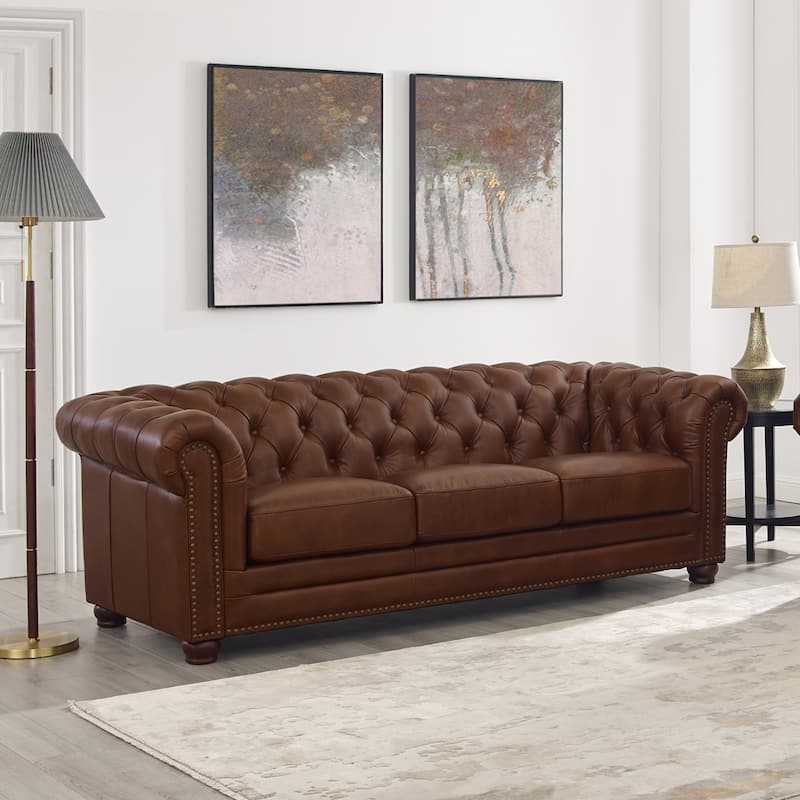 Hydeline Aliso Top Grain Leather Chesterfield Sofa with Feather, Memory Foam and Springs
