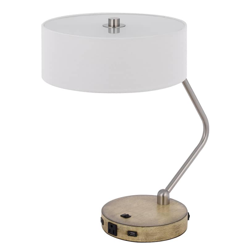 20" Lantern 2-Light Desk Lamp with USB Port Brown Metal Base and White Fabric Drum Shade for Office - 20”H x 12.5”W x 12.5”D