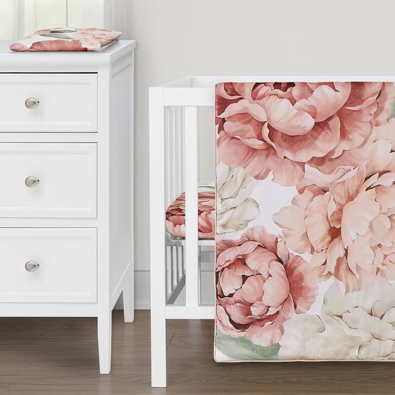 Sweet Jojo Designs Blush Pink Boho Shabby Chic Floral Girl 3pc Mini Crib Bedding Set Ivory Bohemian Vintage Watercolor Flower
