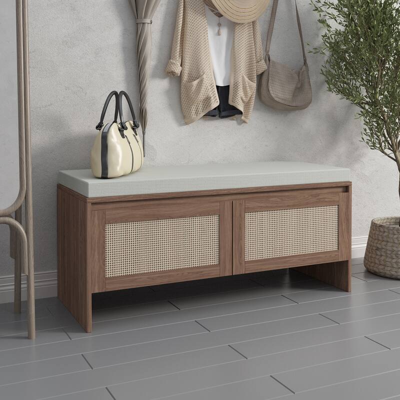Rattan Storage Bench with Cushion,Faux Rattan Shoe Cabinet with 2 Doors,Mid-Century Modern Wood Entryway Seat,Natural Finish