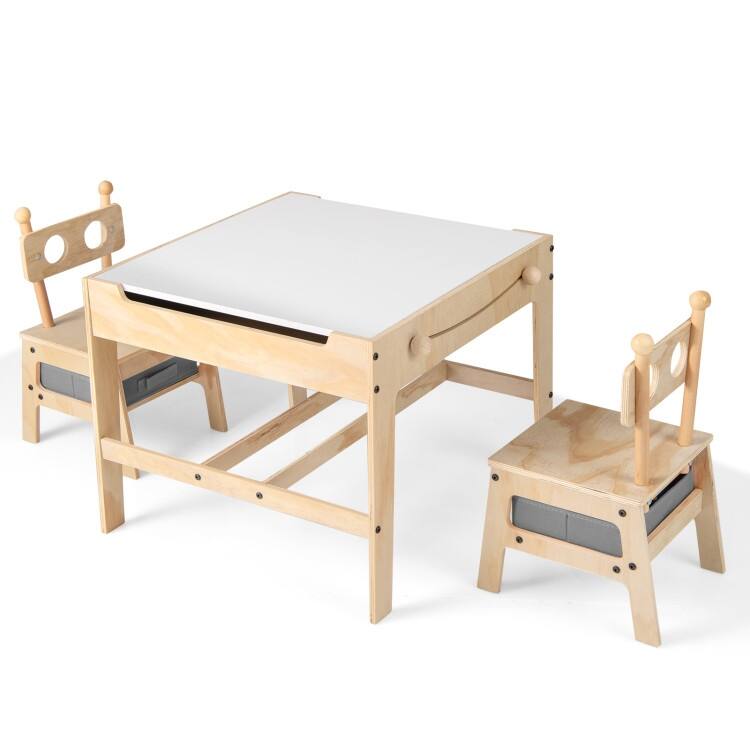 Natural Wood Kids Activity Table and Chairs Set with Storage Drawers - 23.5" x 23.5" x 19.5" (L x W x H)