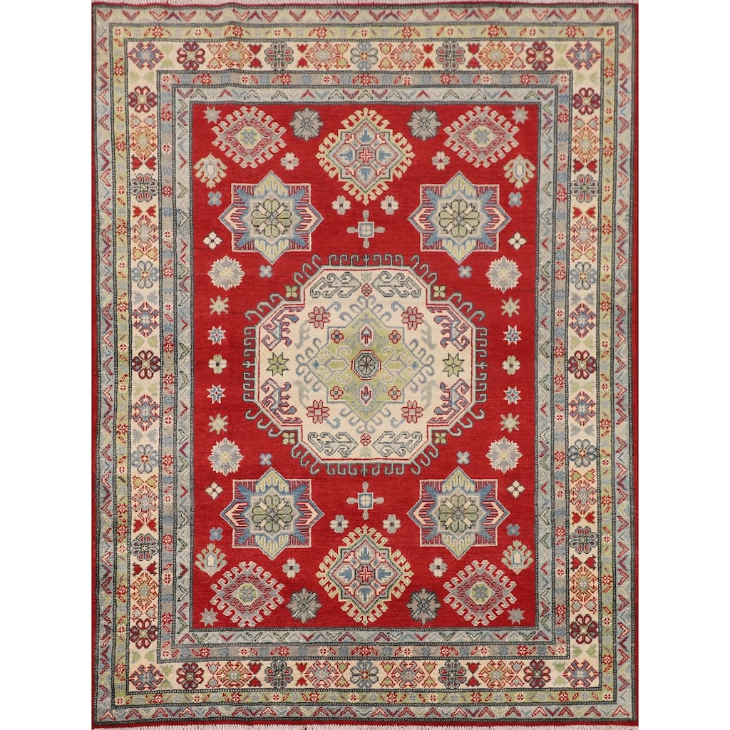 Red Kazak Oriental Area Rug Bedroom Hand-Knotted Wool Carpet - 5'0" x 6'9"