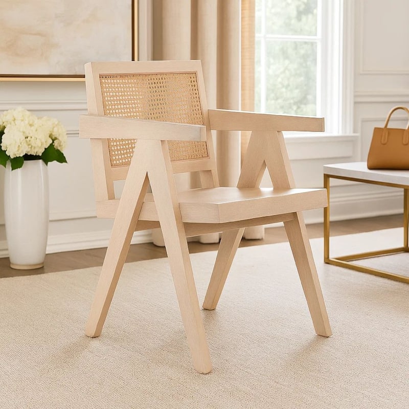 Kato Dining Armchair, Cane Backrest, 24 Inch, Natural Brown Solid Mango Wood