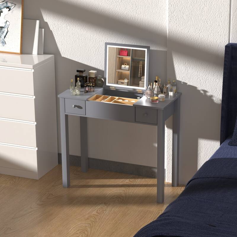 Small Flip Top Makeup Table with LED Lights, Mirror, 2 Drawers