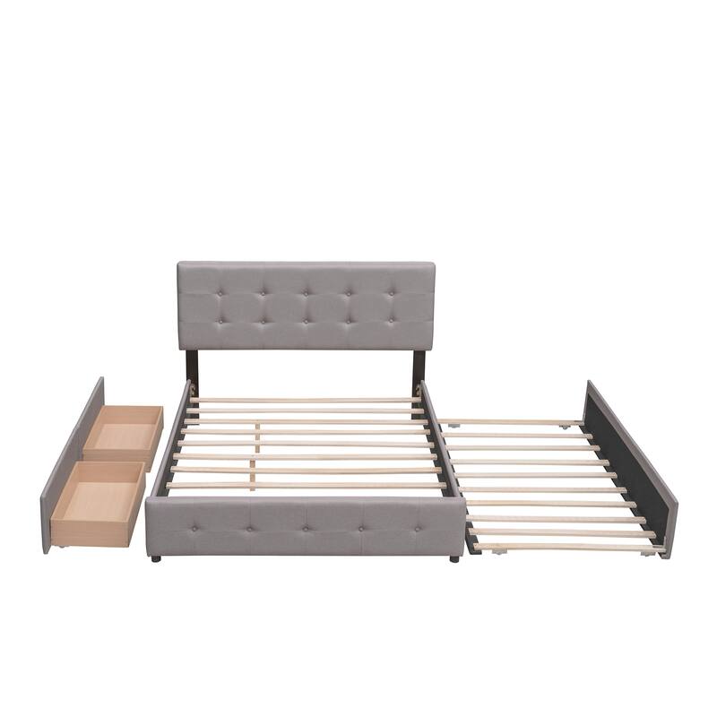 Queen Platform Bed with Button-Tufted Headboard, 2 Drawers & Twin XL Trundle
