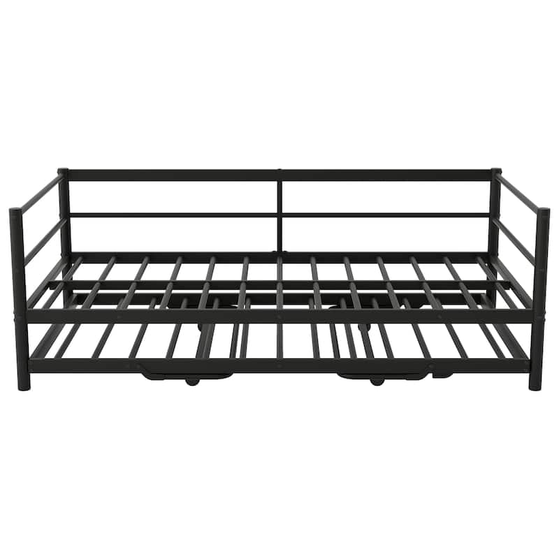 Twin Size Metal Daybed with LED, Adjustable Trundle, Black