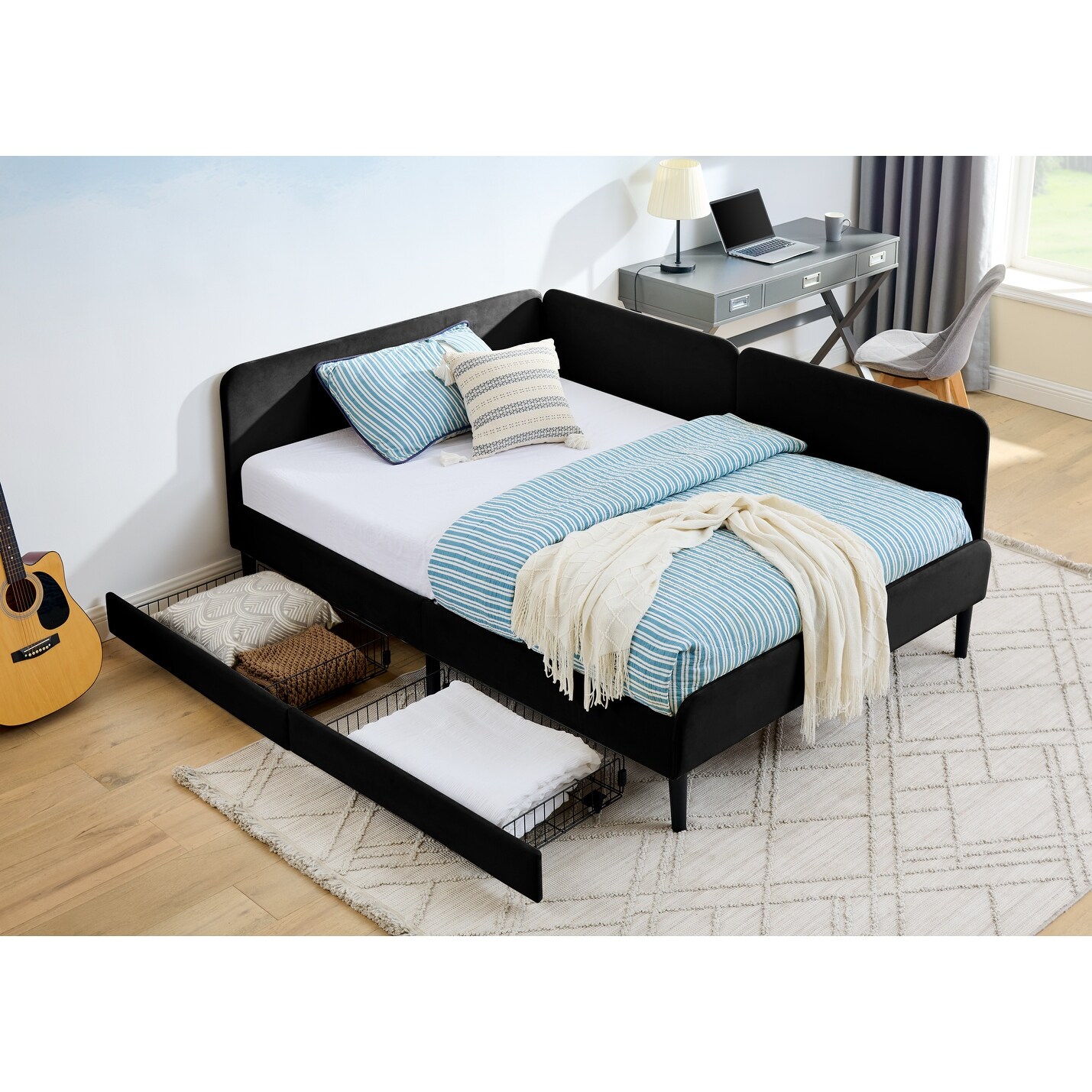 Full Size Upholstered Platform Bed Frame With 2 Storage Drawers, Adjustable Velvet Sofa Bed