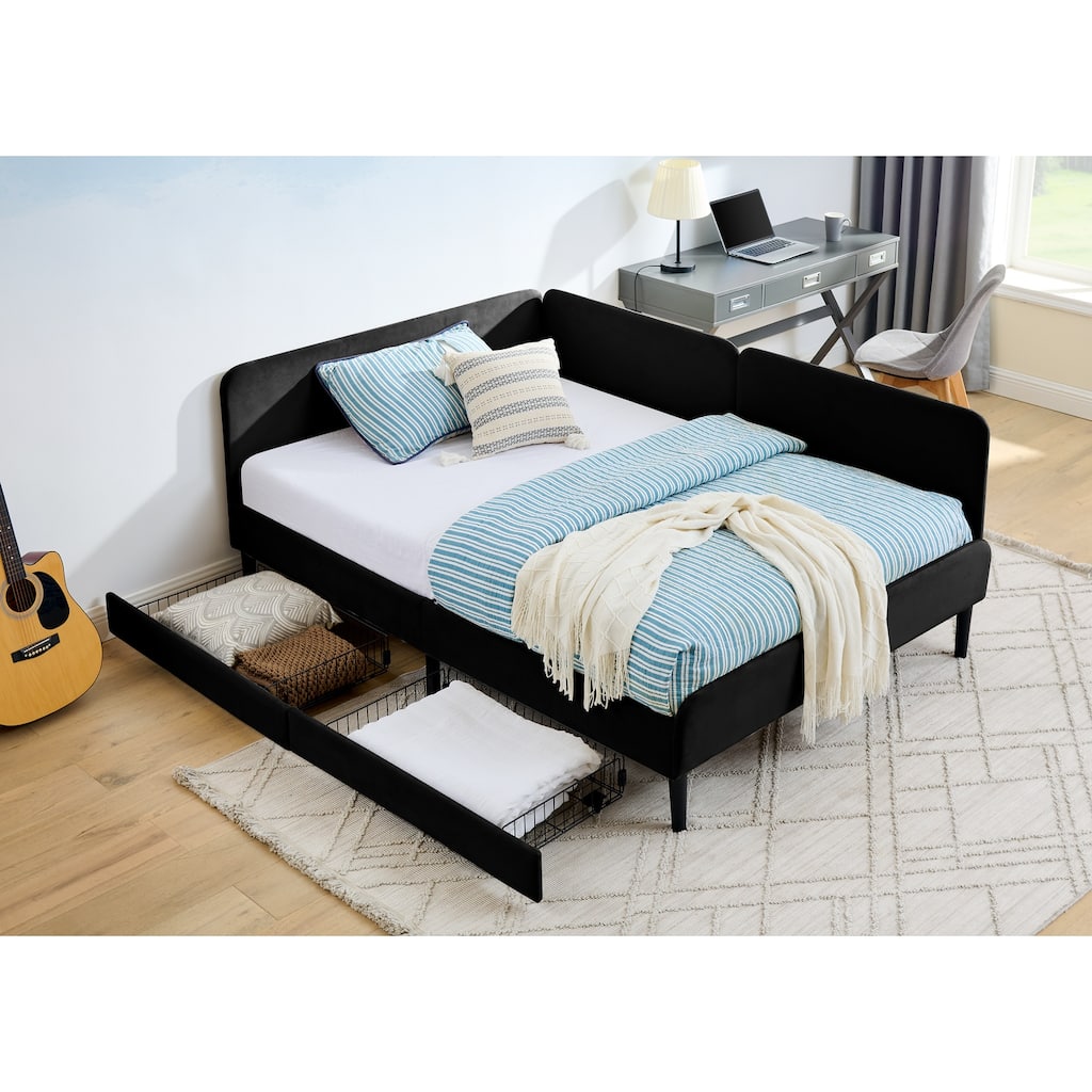 Full Size Upholstered Platform Bed Frame with 2 Storage Drawers, Adjustable Velvet Sofa Bed, Black