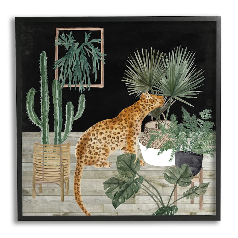 Stupell Leopard Among Various Plants Cactus Planked Floor Framed Wall Art, Design by Melissa Wang - Black