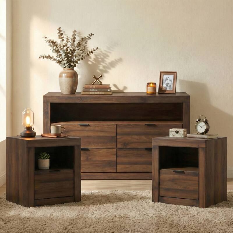 Furniture of America Merro Modern 3-Piece Solid Wood Dresser and 2 Nightstand Bedroom Set - Walnut