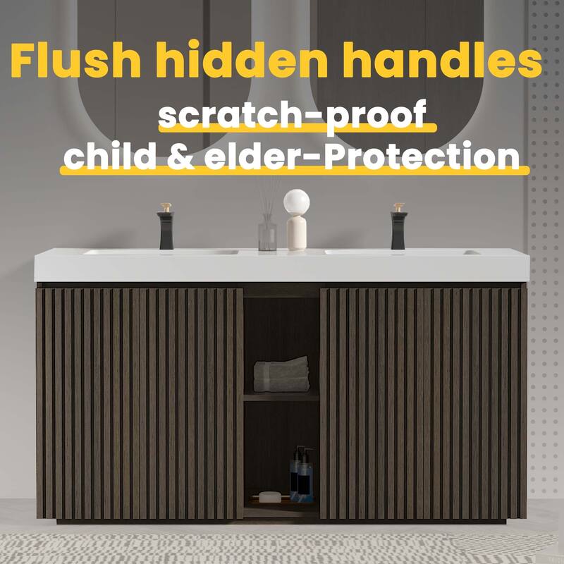 GDFStudio - Galan 60" Freestanding Bathroom Vanity with Quartz Sink, Solf Close Doors, Open Storage Shelf, NO Drain & Faucet