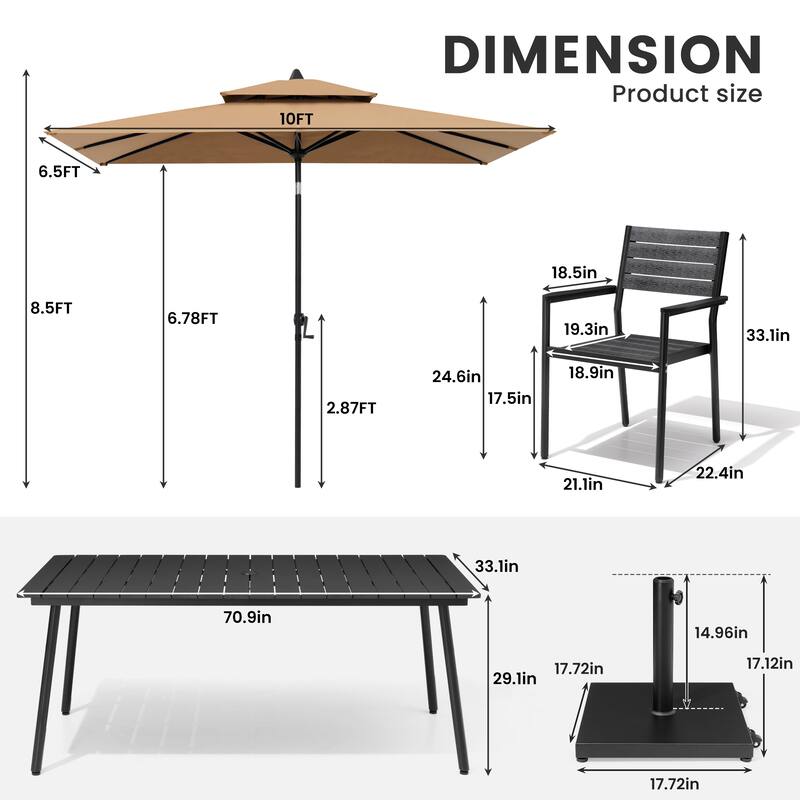 9-Piece Outdoor Dining Set Aluminum Table and 8 Stackable Chairs and 10 ft Umbrella with Base