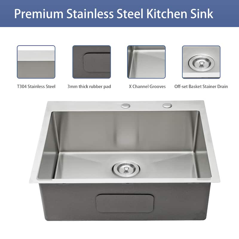 33" Drop-In 16 Gauge Single Bowl Stainless Steel Kitchen Sink in Brushed Nickel