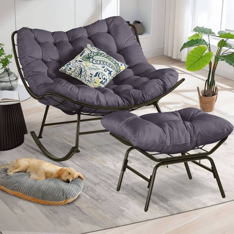 Outdoor Rocker Recliner Egg Reading Chair with Large Cushions (Set of 2)