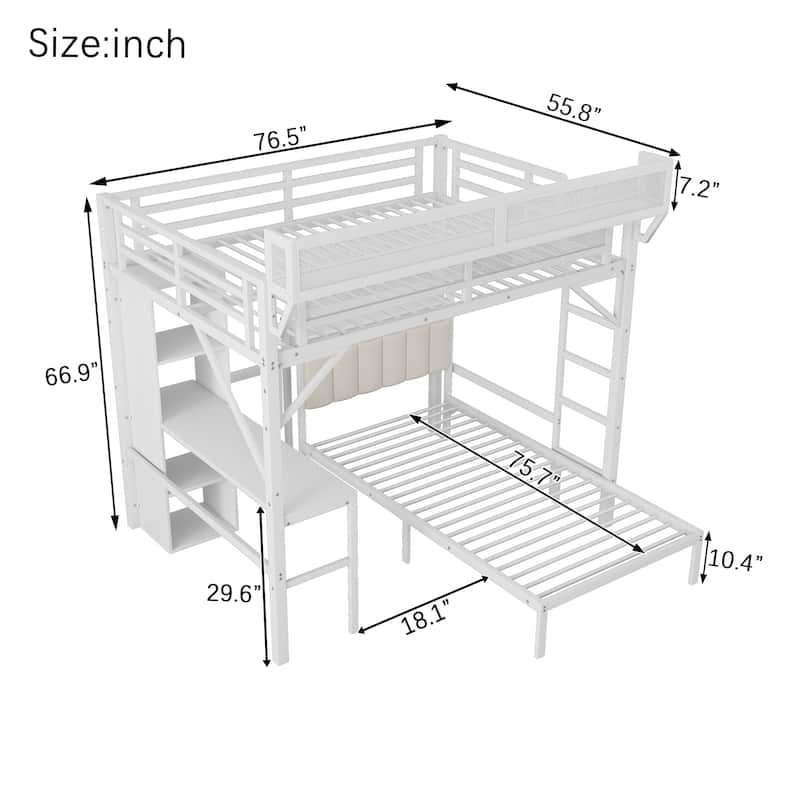 Full over Twin Bunk Bed with Desk, Bookshelves, Charging Station & LED Lights, Detachable Metal Loft Bed