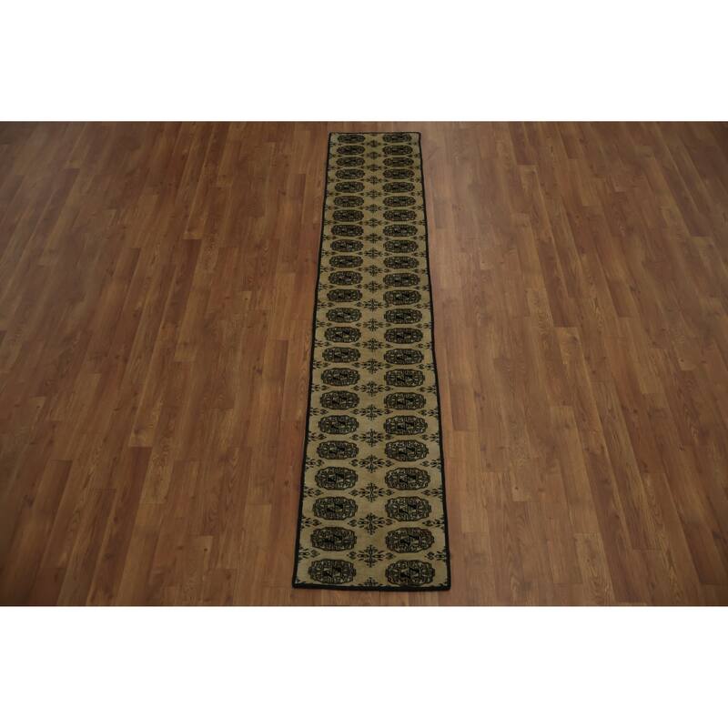 Hand Knotted Oriental 100% Wool Carpet Traditional Geometric Beige & Ivories Bokhara Runner Rug - 7' 4'' X 1' 6''