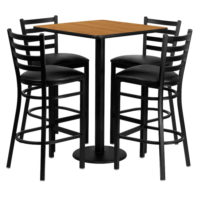 30'' Square Laminate Table Set with 4 Ladder Back Metal Barstools - natural top/black vinyl seat