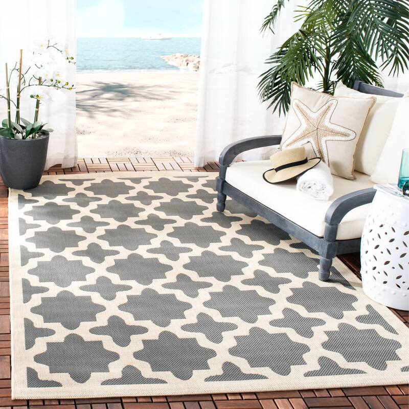 SAFAVIEH Courtyard Dorthey Indoor/ Outdoor Waterproof Patio Backyard Rug - 6'7" Square - Anthracite/Beige