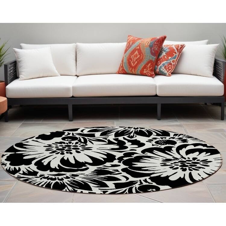 Gana Botanic Elegance Weather Resistant Blended Style Outdoor Rug - 8' Round - Black/Ivory