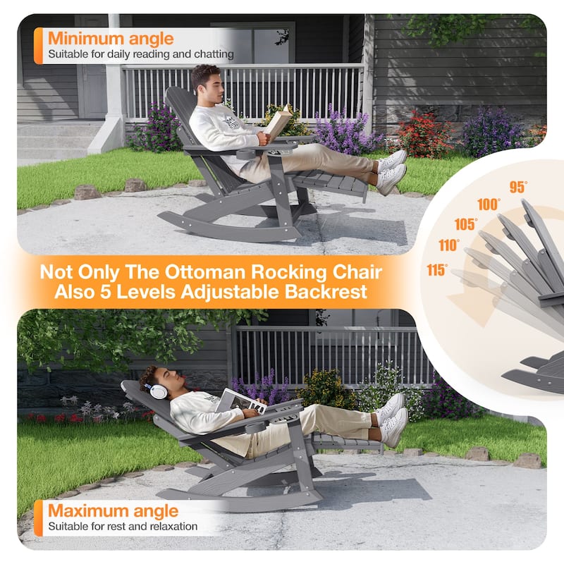WINSOON HIPS Outdoor Rocking Chair with Adjustable Backrest and Retractable Ottoman-Set of 2