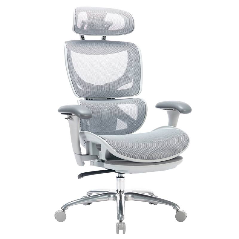 COLAMY Ergo Chair with Footrest, High Back, Adj Headrest, 3D Arms, Mesh (Grey)